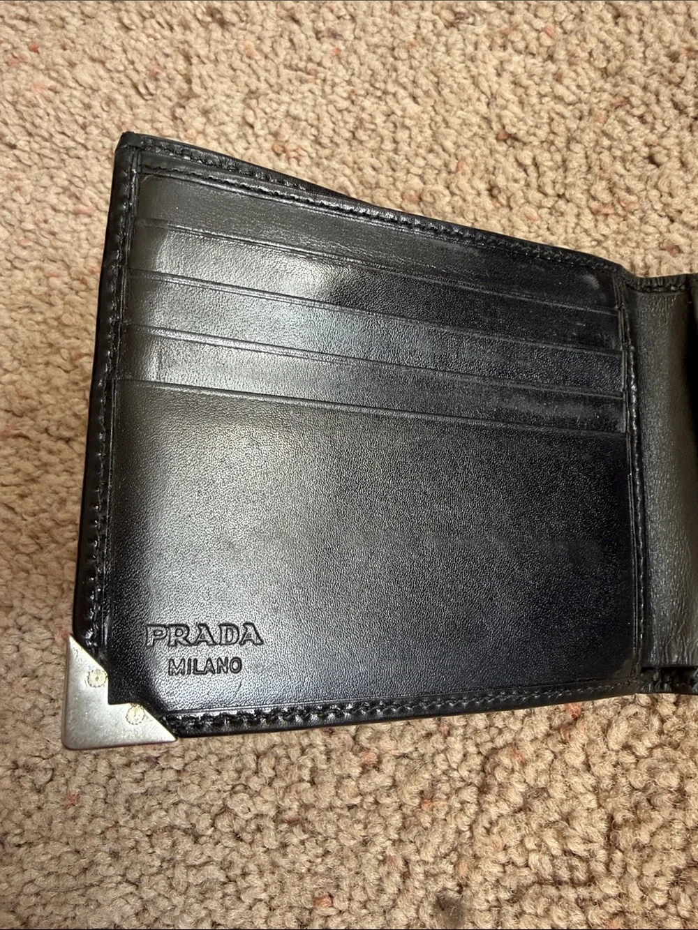 Prada Black Leather Bifold Wallet with Metal Logo Corner